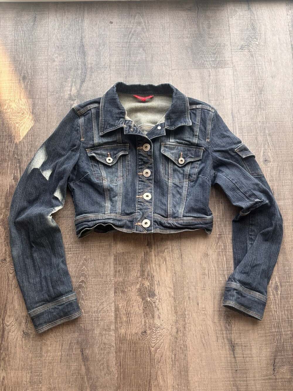 Smart Set Vintage Distressed Crop Denim Jacket Dark Wash Size L